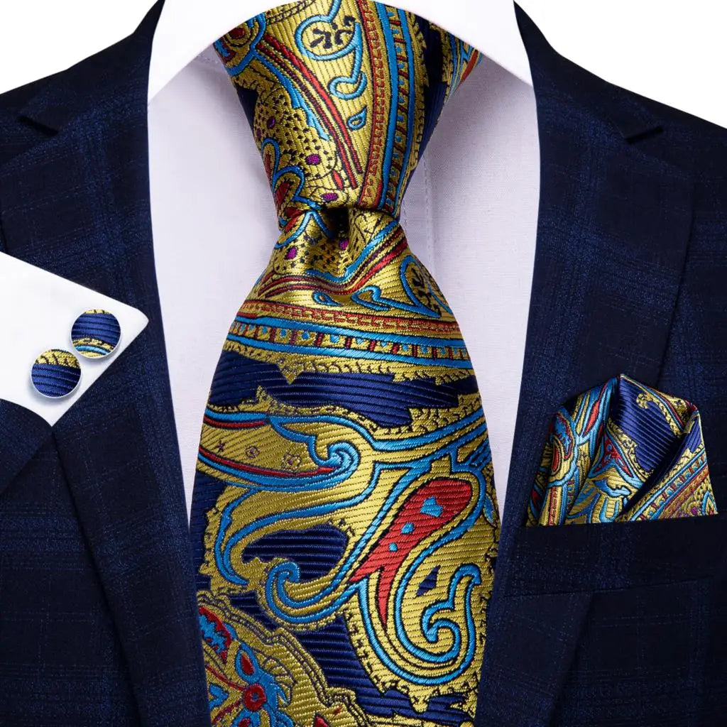 Hi-Tie Red Pureple Paisley Mens Ties Hanky Cufflinks Set Silk Necktie For Men Wedding Party Business 2022 New Fashion Brand