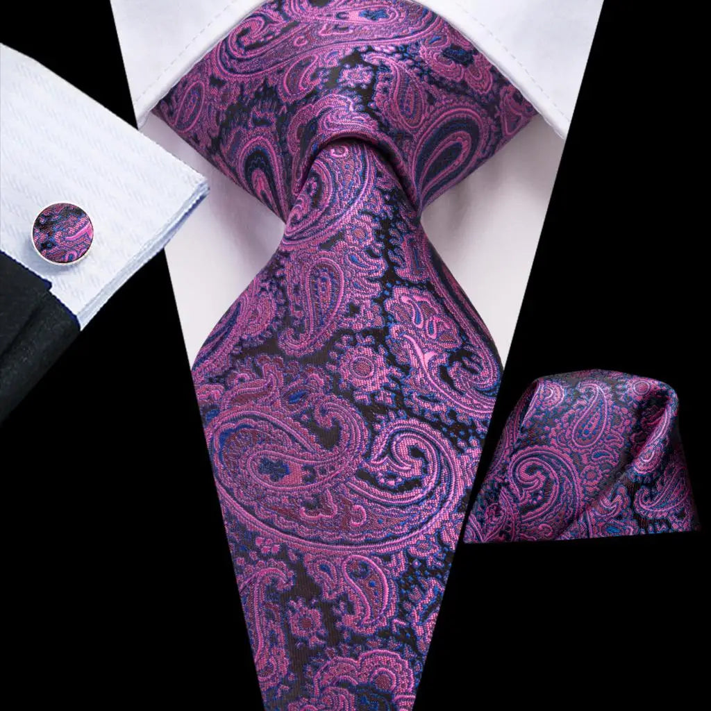 Hi-Tie Red Pureple Paisley Mens Ties Hanky Cufflinks Set Silk Necktie For Men Wedding Party Business 2022 New Fashion Brand