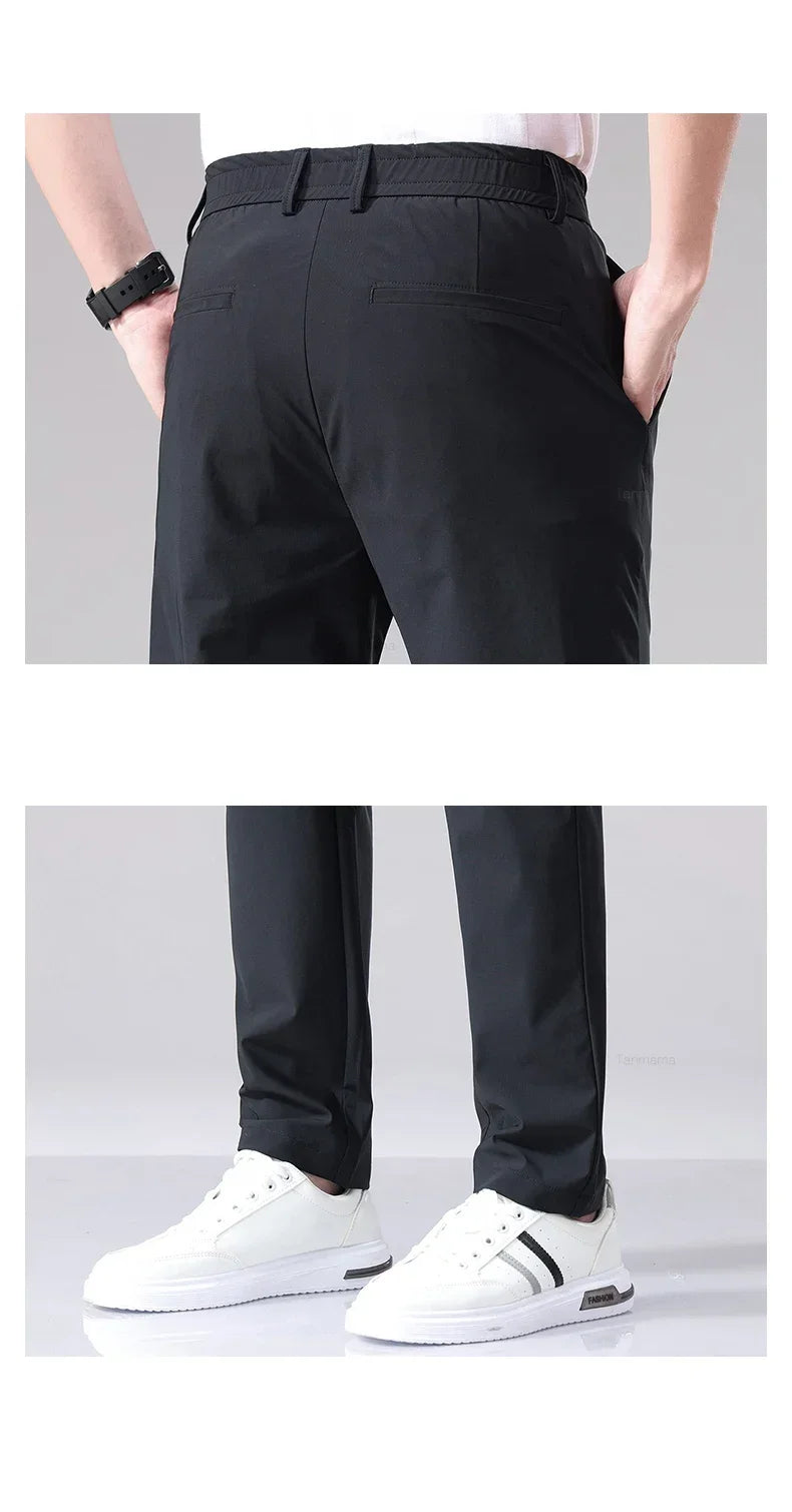 Ultra-thin Elastic Men's Casual Trousers Summer Quick-drying Ice Silk Slim Straight Business Solid Color Trousers Black Gray