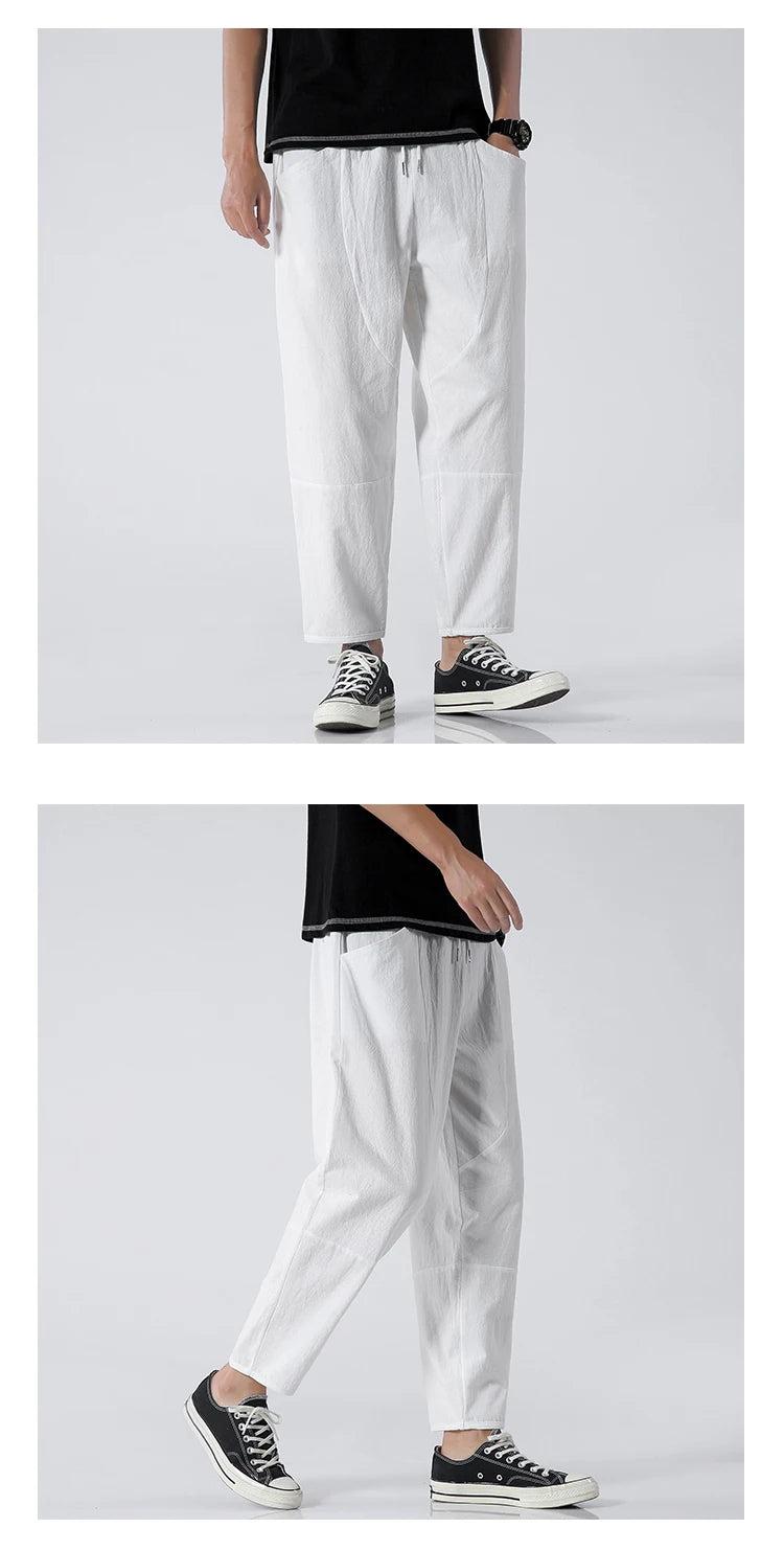 100% Cotton Summer Casual Pants Man Trendy Japanese Cropped Pants Loose Pants Men 5xl