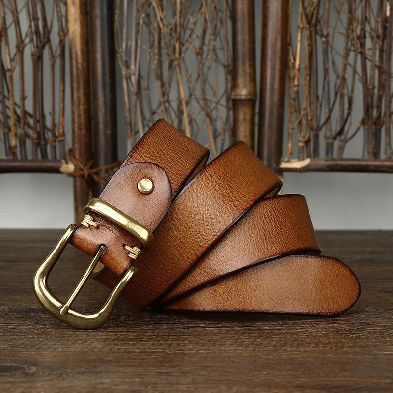 3.8CM Pure Cowhide Genuine Leather for Men High Quality Jeans Brass Buckle Belts Cowboy Waistband Male Fashion Designer Luxury