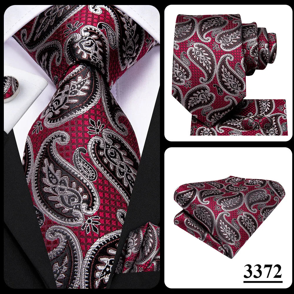 Hi-Tie Red Pureple Paisley Mens Ties Hanky Cufflinks Set Silk Necktie For Men Wedding Party Business 2022 New Fashion Brand