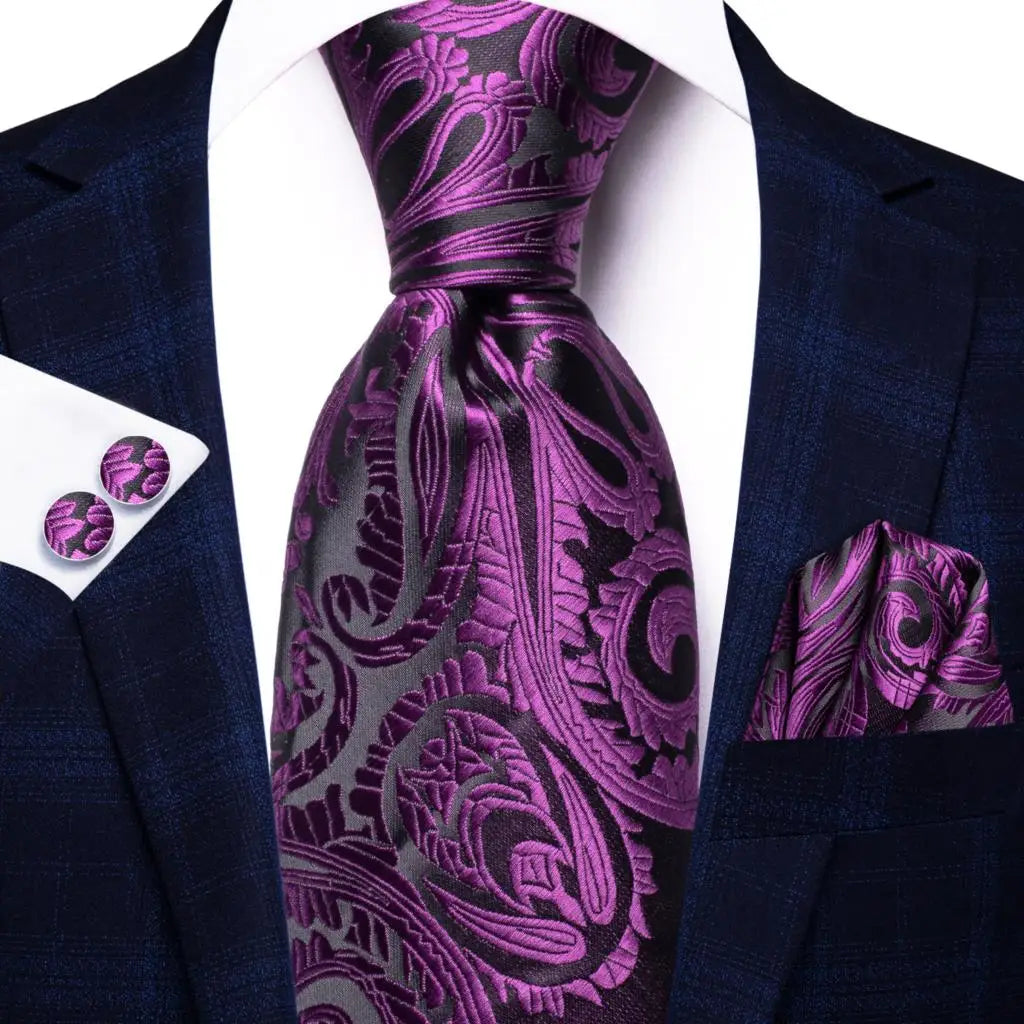 Hi-Tie Red Pureple Paisley Mens Ties Hanky Cufflinks Set Silk Necktie For Men Wedding Party Business 2022 New Fashion Brand