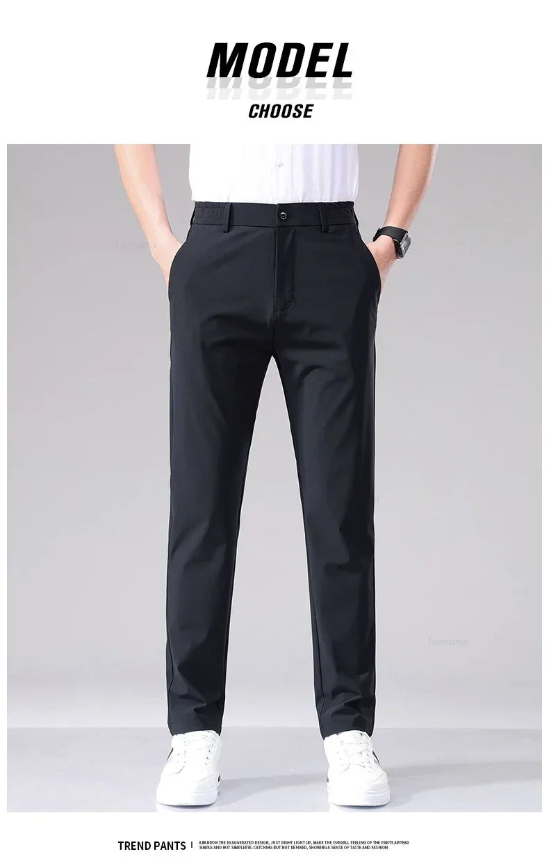 Ultra-thin Elastic Men's Casual Trousers Summer Quick-drying Ice Silk Slim Straight Business Solid Color Trousers Black Gray