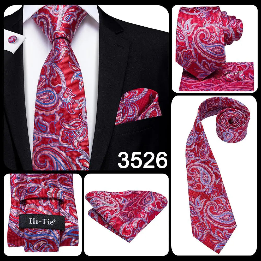 Hi-Tie 100% Silk Luxury Mens Ties Floral Black Gold Ties Paisley NeckTie Pocket Square Cufflinks Set Men's Wedding Party Tie