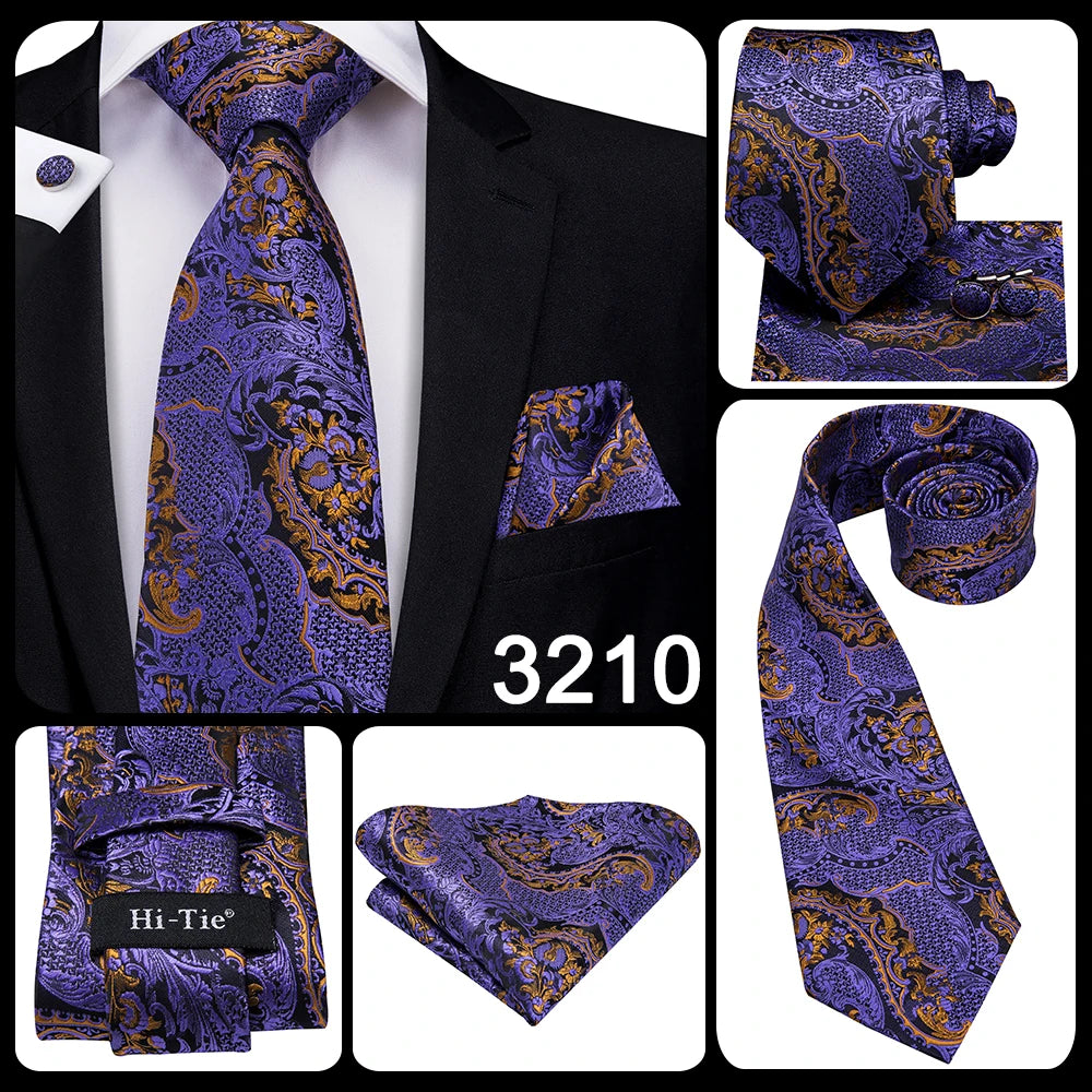 Hi-Tie 100% Silk Luxury Mens Ties Floral Black Gold Ties Paisley NeckTie Pocket Square Cufflinks Set Men's Wedding Party Tie