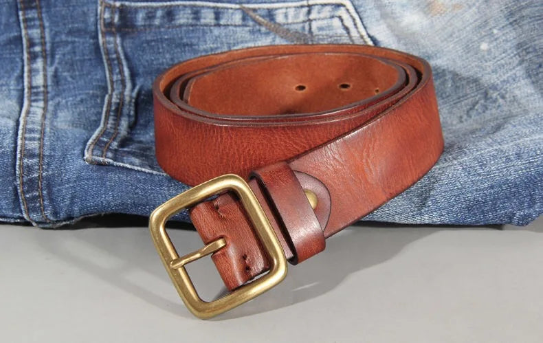 3.8cm Male Leather Copper Buckle Handmade First Pure Cowhide Retro All-match Casual Jeans Soft Belt Brown Black Luxury