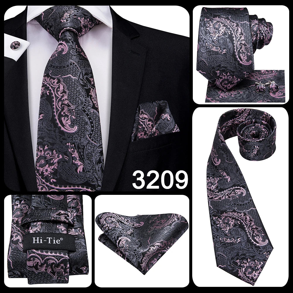 Hi-Tie 100% Silk Luxury Mens Ties Floral Black Gold Ties Paisley NeckTie Pocket Square Cufflinks Set Men's Wedding Party Tie