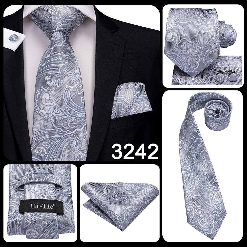 Hi-Tie 100% Silk Luxury Mens Ties Floral Black Gold Ties Paisley NeckTie Pocket Square Cufflinks Set Men's Wedding Party Tie