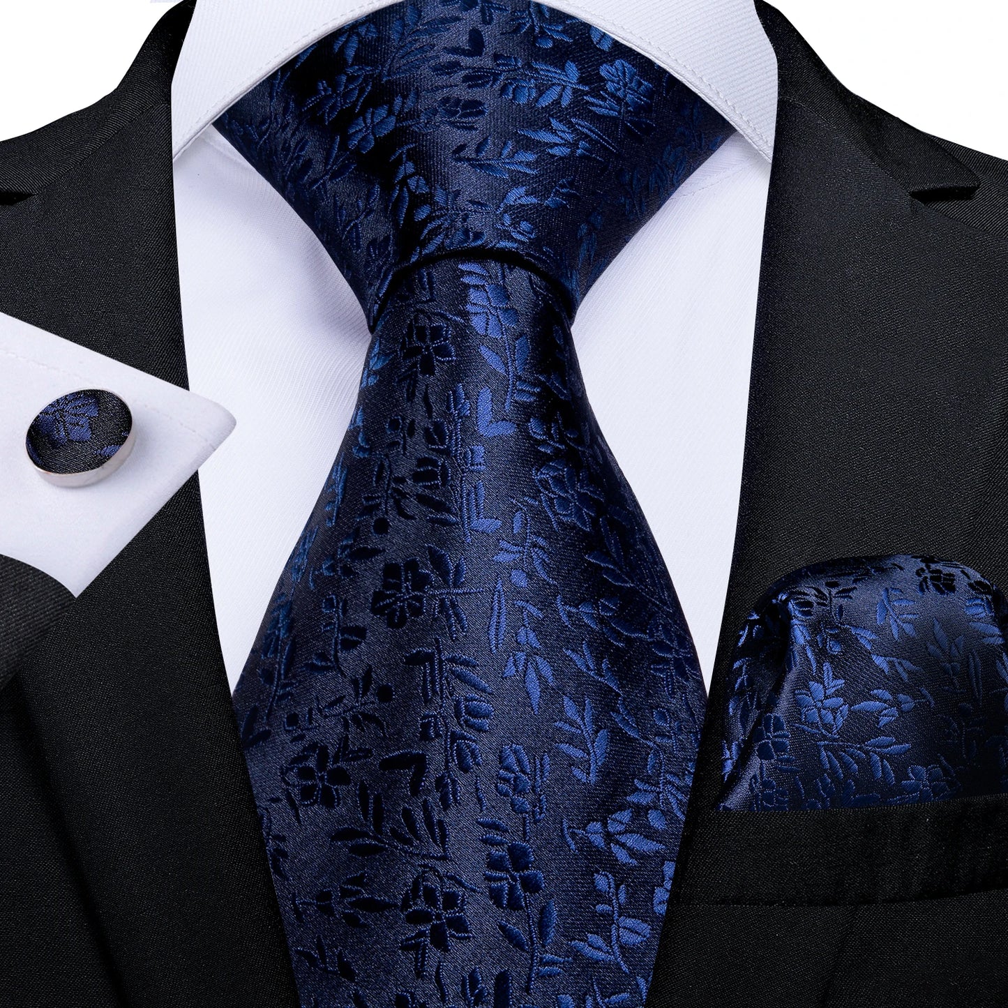 DiBanGu Top Navy Blue Solid Tie for Men 100% Silk Men's Tie Hanky Cufflinks Neck Tie Suit Business Wedding Party Tie Set MJ-7140
