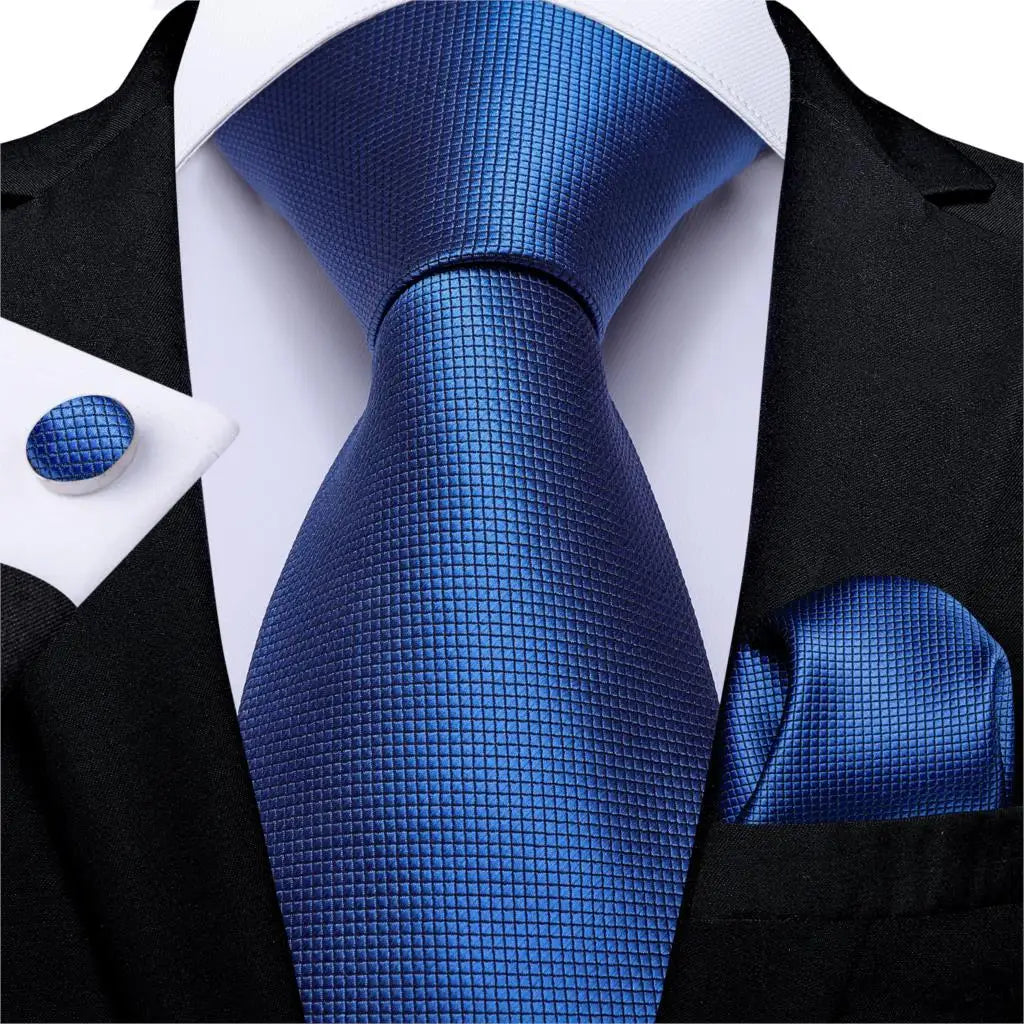 DiBanGu Top Navy Blue Solid Tie for Men 100% Silk Men's Tie Hanky Cufflinks Neck Tie Suit Business Wedding Party Tie Set MJ-7140