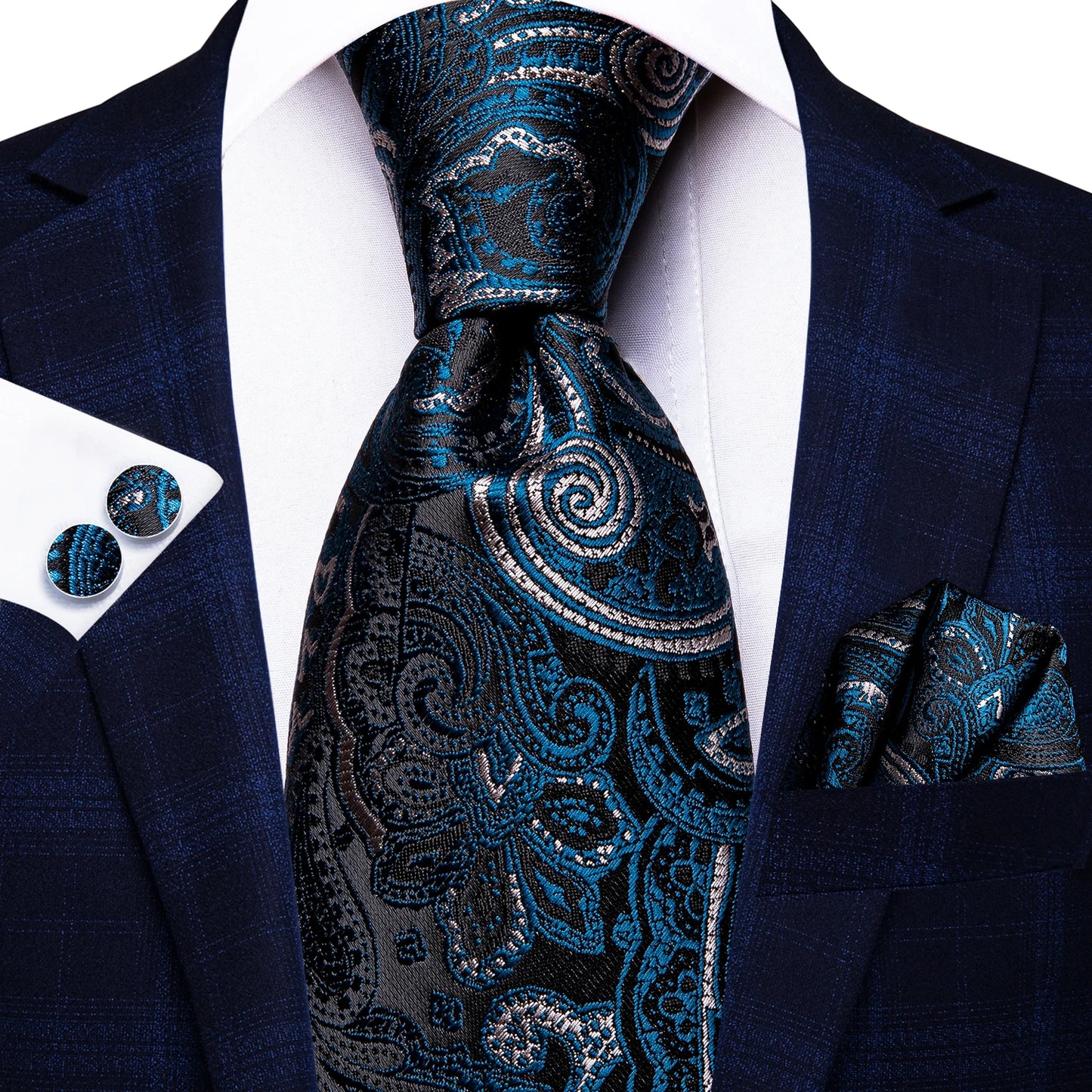 Hi-Tie 100% Silk Luxury Mens Ties Floral Black Gold Ties Paisley NeckTie Pocket Square Cufflinks Set Men's Wedding Party Tie