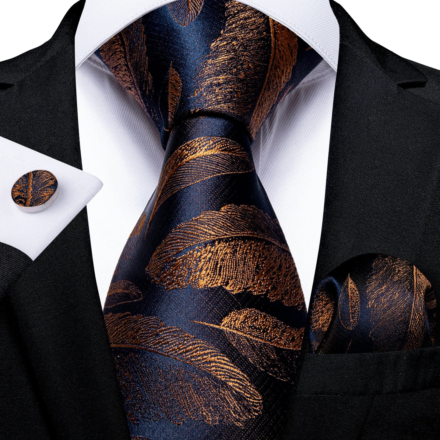 DiBanGu Top Navy Blue Solid Tie for Men 100% Silk Men's Tie Hanky Cufflinks Neck Tie Suit Business Wedding Party Tie Set MJ-7140