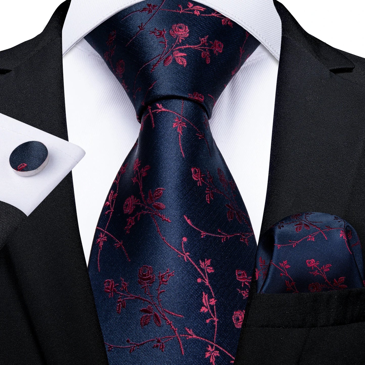 DiBanGu Top Navy Blue Solid Tie for Men 100% Silk Men's Tie Hanky Cufflinks Neck Tie Suit Business Wedding Party Tie Set MJ-7140