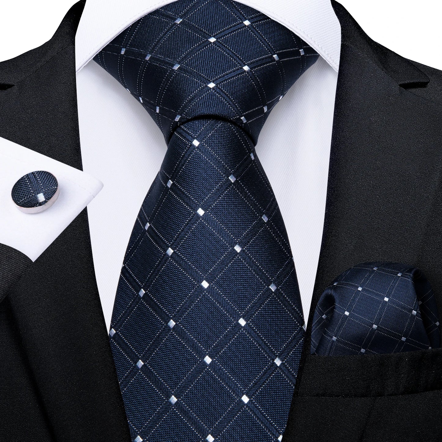 DiBanGu Top Navy Blue Solid Tie for Men 100% Silk Men's Tie Hanky Cufflinks Neck Tie Suit Business Wedding Party Tie Set MJ-7140
