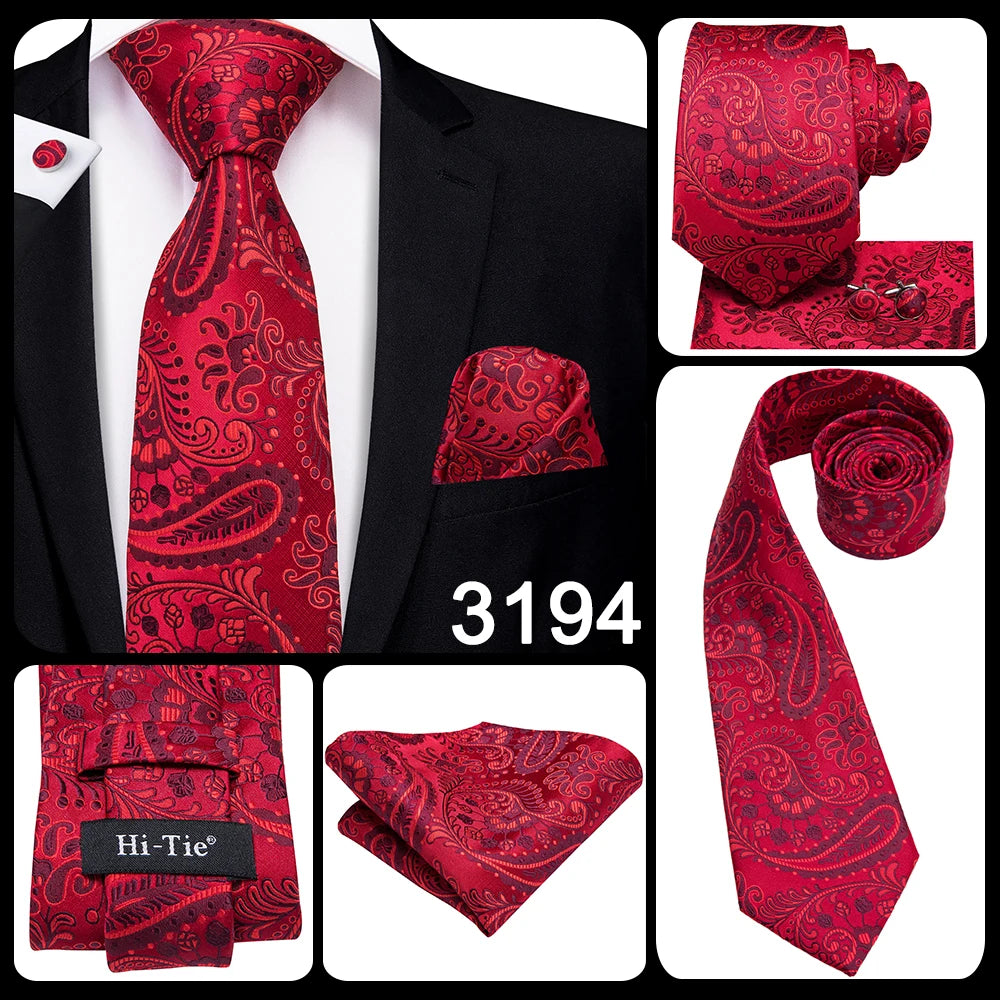 Hi-Tie 100% Silk Luxury Mens Ties Floral Black Gold Ties Paisley NeckTie Pocket Square Cufflinks Set Men's Wedding Party Tie