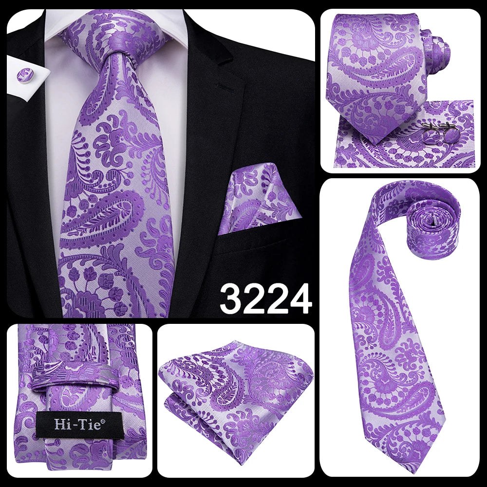Hi-Tie 100% Silk Luxury Mens Ties Floral Black Gold Ties Paisley NeckTie Pocket Square Cufflinks Set Men's Wedding Party Tie