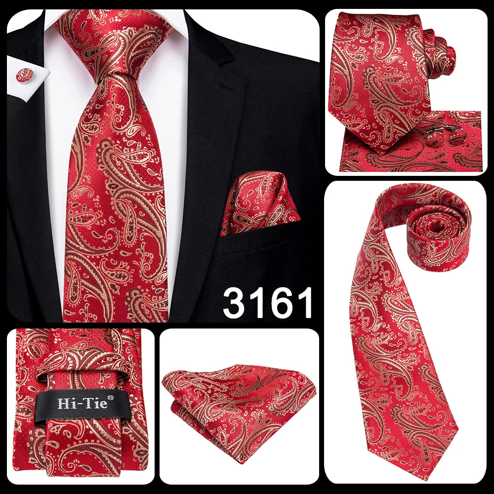 Hi-Tie 100% Silk Luxury Mens Ties Floral Black Gold Ties Paisley NeckTie Pocket Square Cufflinks Set Men's Wedding Party Tie