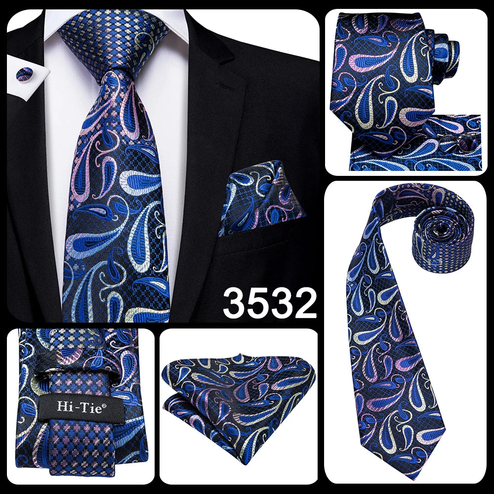 Hi-Tie 100% Silk Luxury Mens Ties Floral Black Gold Ties Paisley NeckTie Pocket Square Cufflinks Set Men's Wedding Party Tie