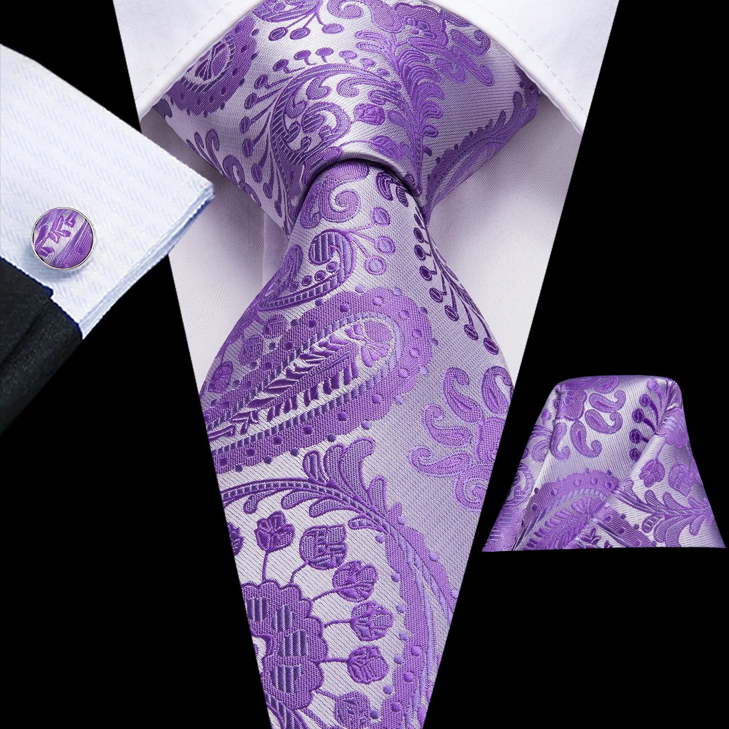 Hi-Tie 100% Silk Luxury Mens Ties Floral Black Gold Ties Paisley NeckTie Pocket Square Cufflinks Set Men's Wedding Party Tie