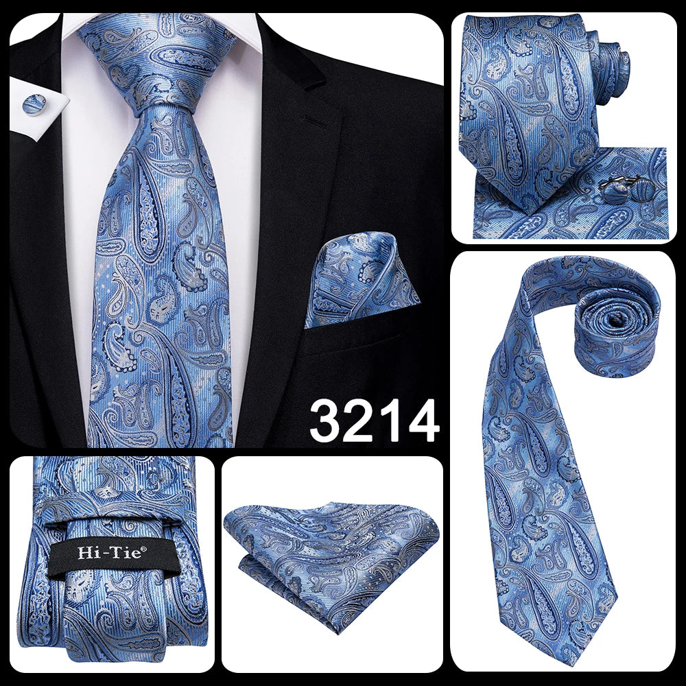 Hi-Tie 100% Silk Luxury Mens Ties Floral Black Gold Ties Paisley NeckTie Pocket Square Cufflinks Set Men's Wedding Party Tie