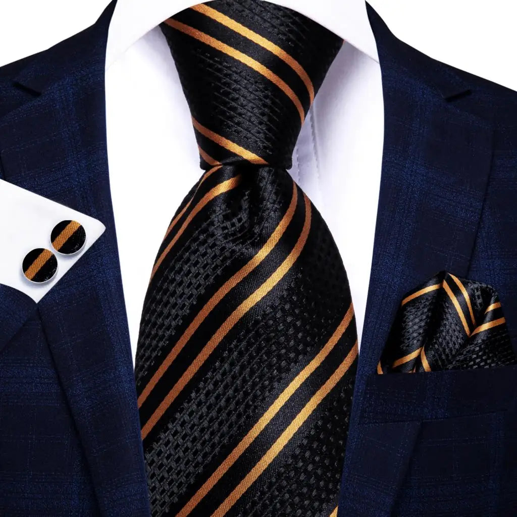 Hi-Tie 100% Silk Luxury Mens Ties Floral Black Gold Ties Paisley NeckTie Pocket Square Cufflinks Set Men's Wedding Party Tie