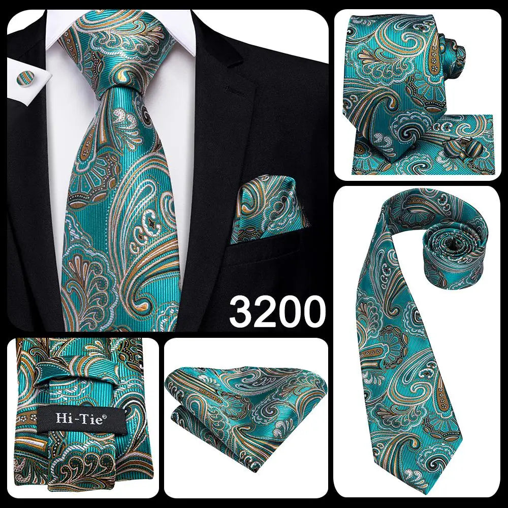 Hi-Tie 100% Silk Luxury Mens Ties Floral Black Gold Ties Paisley NeckTie Pocket Square Cufflinks Set Men's Wedding Party Tie