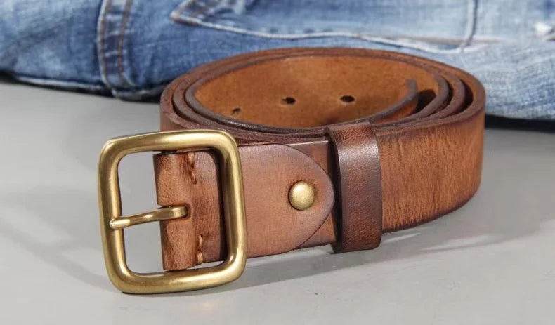 3.8cm Male Leather Copper Buckle Handmade First Pure Cowhide Retro All-match Casual Jeans Soft Belt Brown Black Luxury