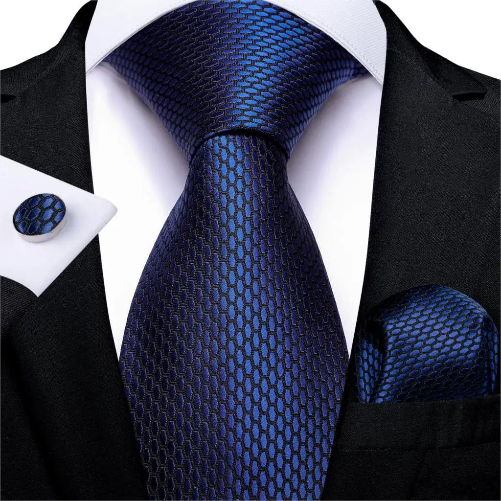 DiBanGu Top Navy Blue Solid Tie for Men 100% Silk Men's Tie Hanky Cufflinks Neck Tie Suit Business Wedding Party Tie Set MJ-7140