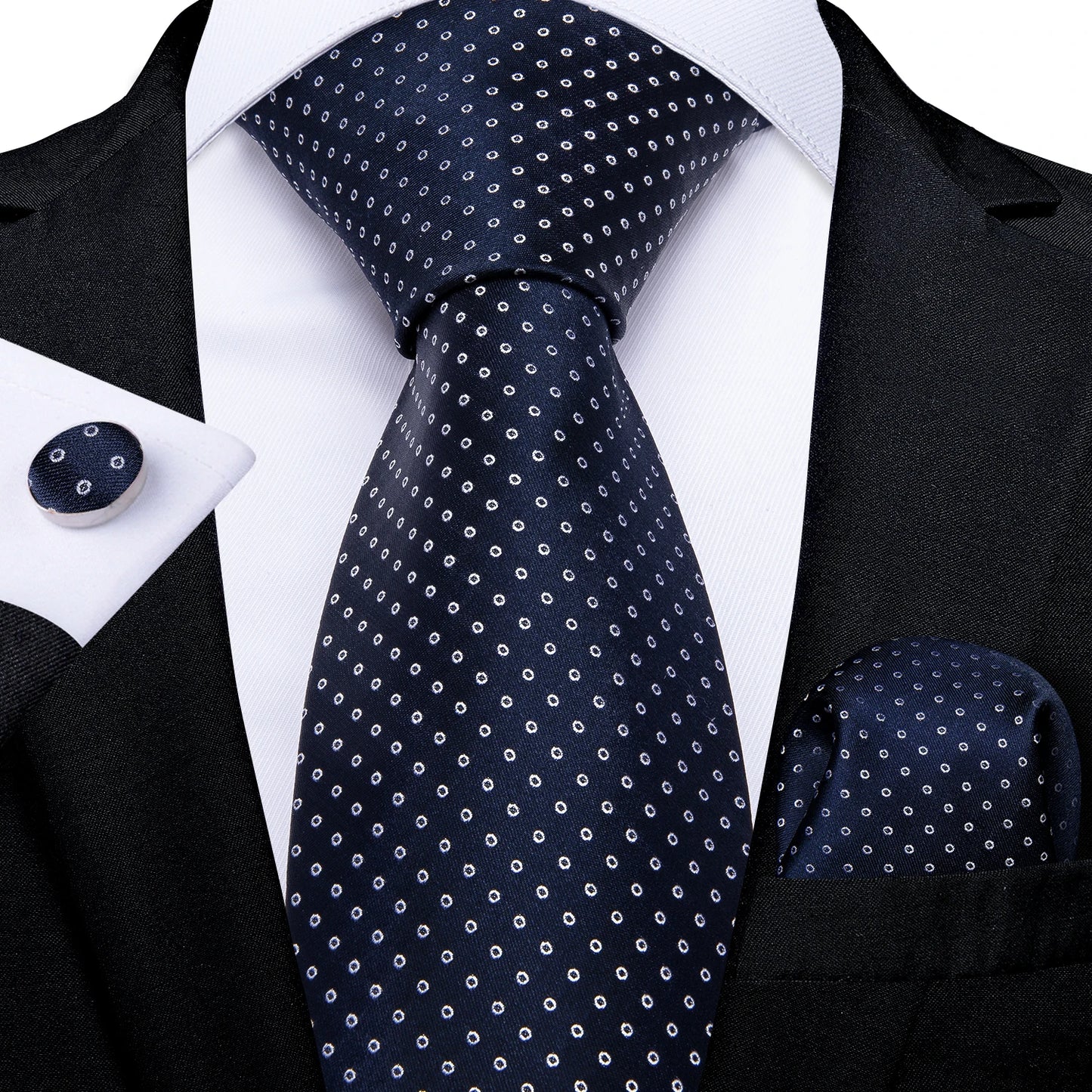 DiBanGu Top Navy Blue Solid Tie for Men 100% Silk Men's Tie Hanky Cufflinks Neck Tie Suit Business Wedding Party Tie Set MJ-7140