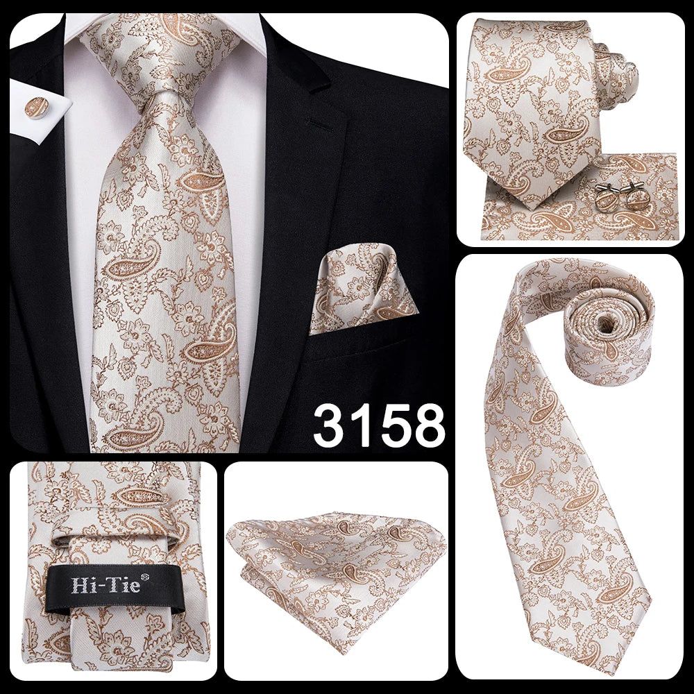 Hi-Tie 100% Silk Luxury Mens Ties Floral Black Gold Ties Paisley NeckTie Pocket Square Cufflinks Set Men's Wedding Party Tie
