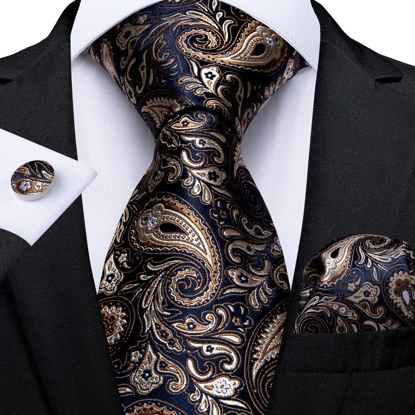 DiBanGu Top Navy Blue Solid Tie for Men 100% Silk Men's Tie Hanky Cufflinks Neck Tie Suit Business Wedding Party Tie Set MJ-7140