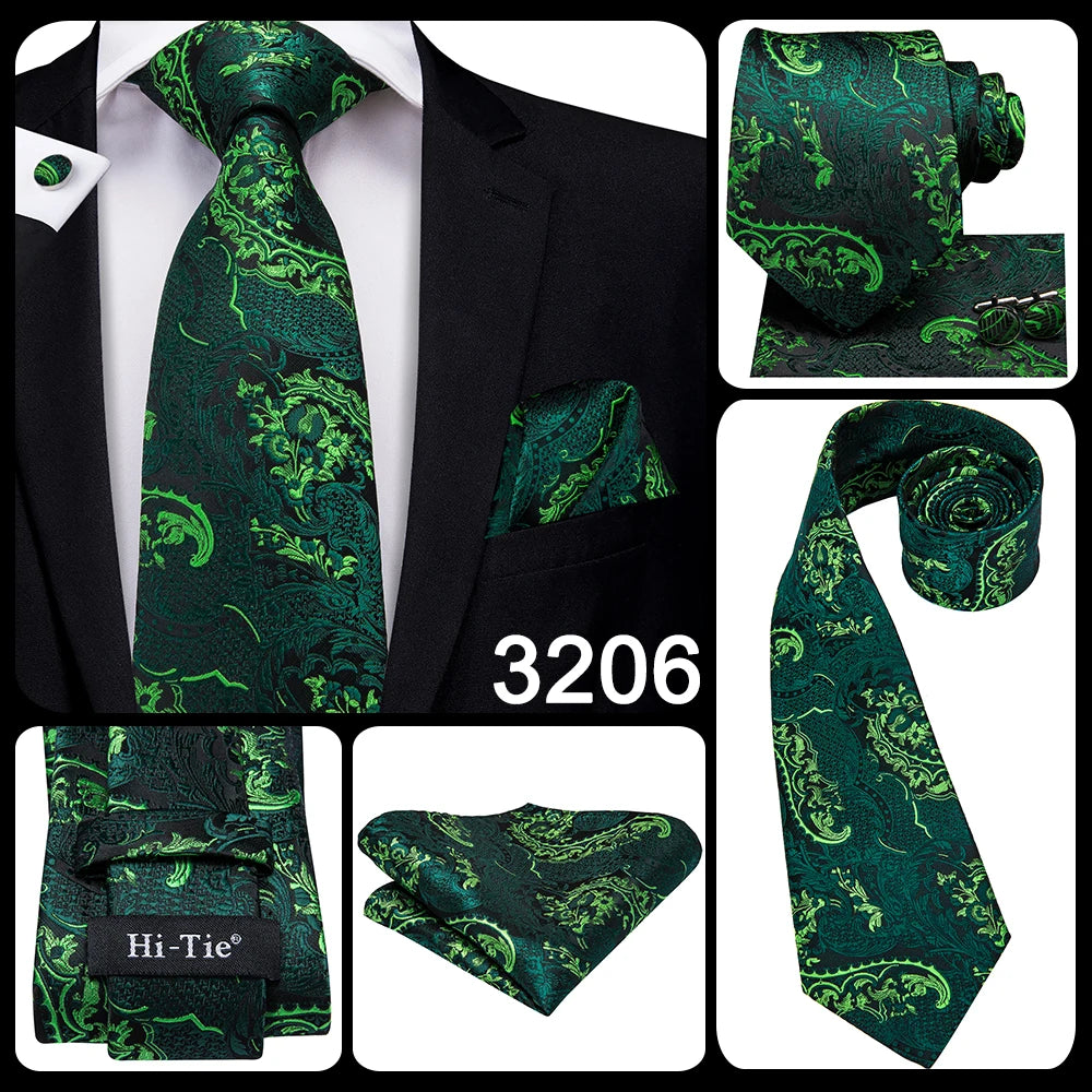 Hi-Tie 100% Silk Luxury Mens Ties Floral Black Gold Ties Paisley NeckTie Pocket Square Cufflinks Set Men's Wedding Party Tie