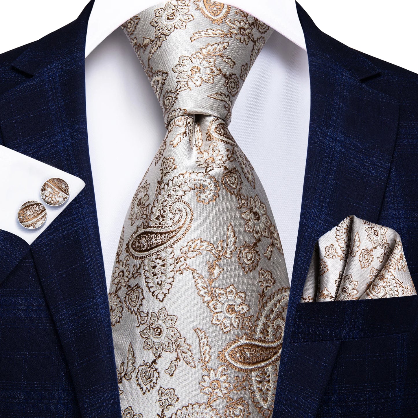Hi-Tie 100% Silk Luxury Mens Ties Floral Black Gold Ties Paisley NeckTie Pocket Square Cufflinks Set Men's Wedding Party Tie