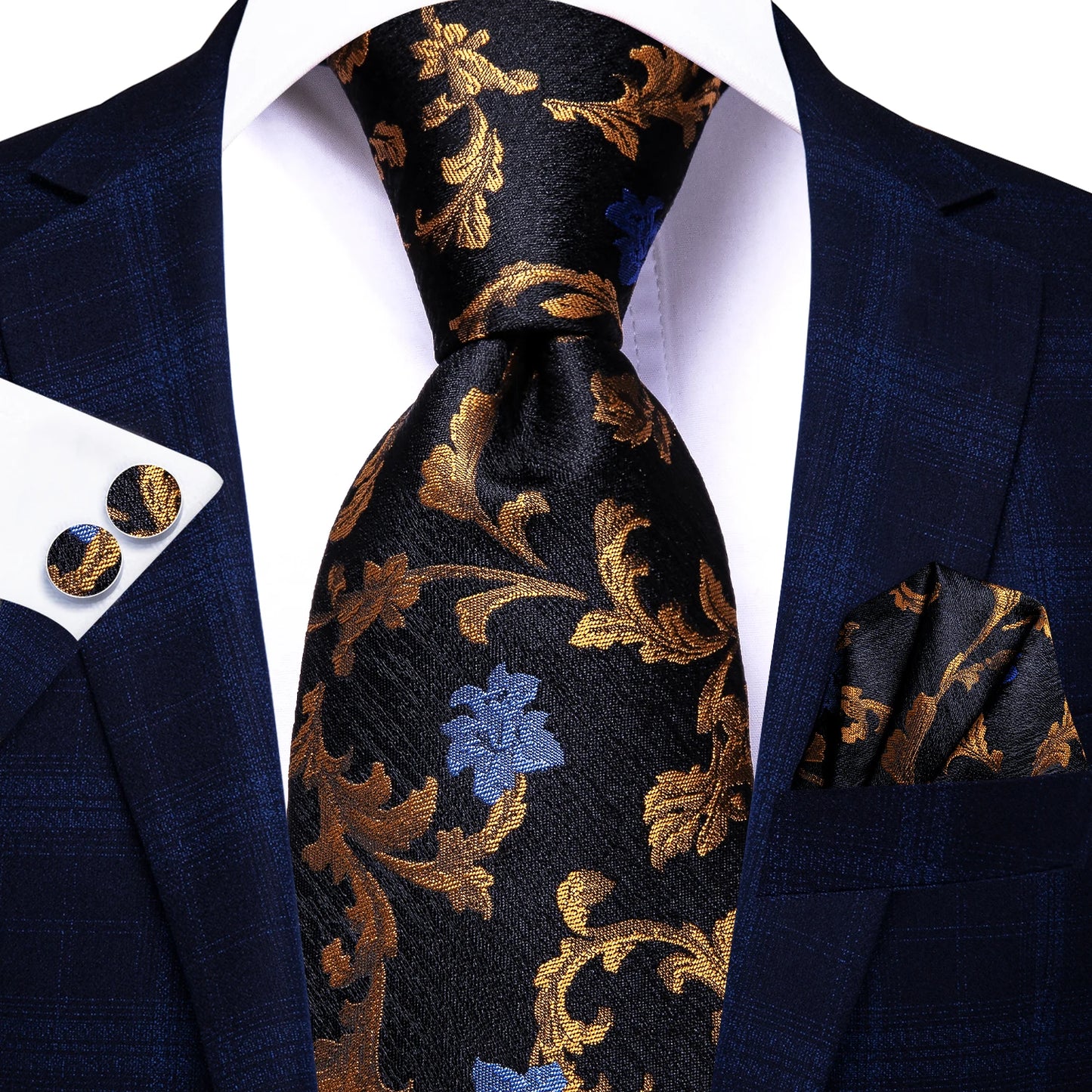 Hi-Tie 100% Silk Luxury Mens Ties Floral Black Gold Ties Paisley NeckTie Pocket Square Cufflinks Set Men's Wedding Party Tie