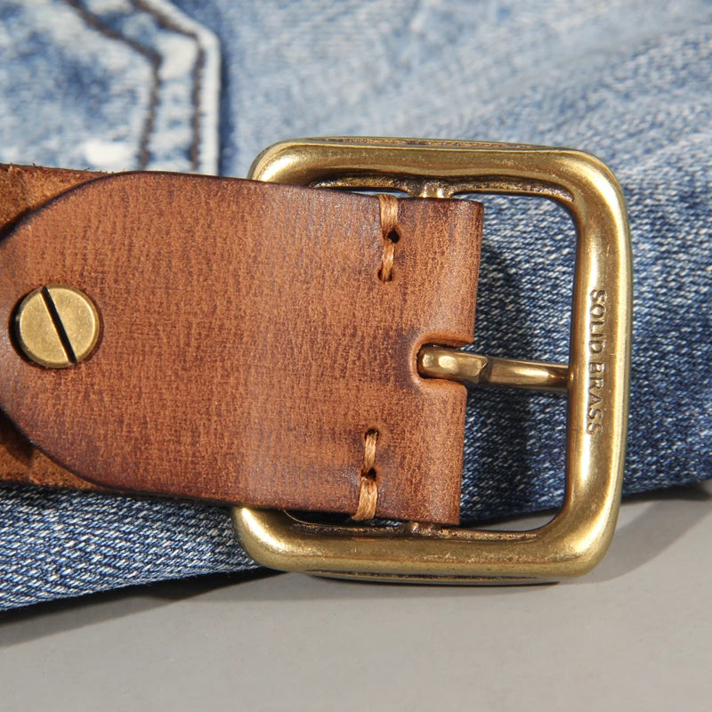 3.8cm Male Leather Copper Buckle Handmade First Pure Cowhide Retro All-match Casual Jeans Soft Belt Brown Black Luxury