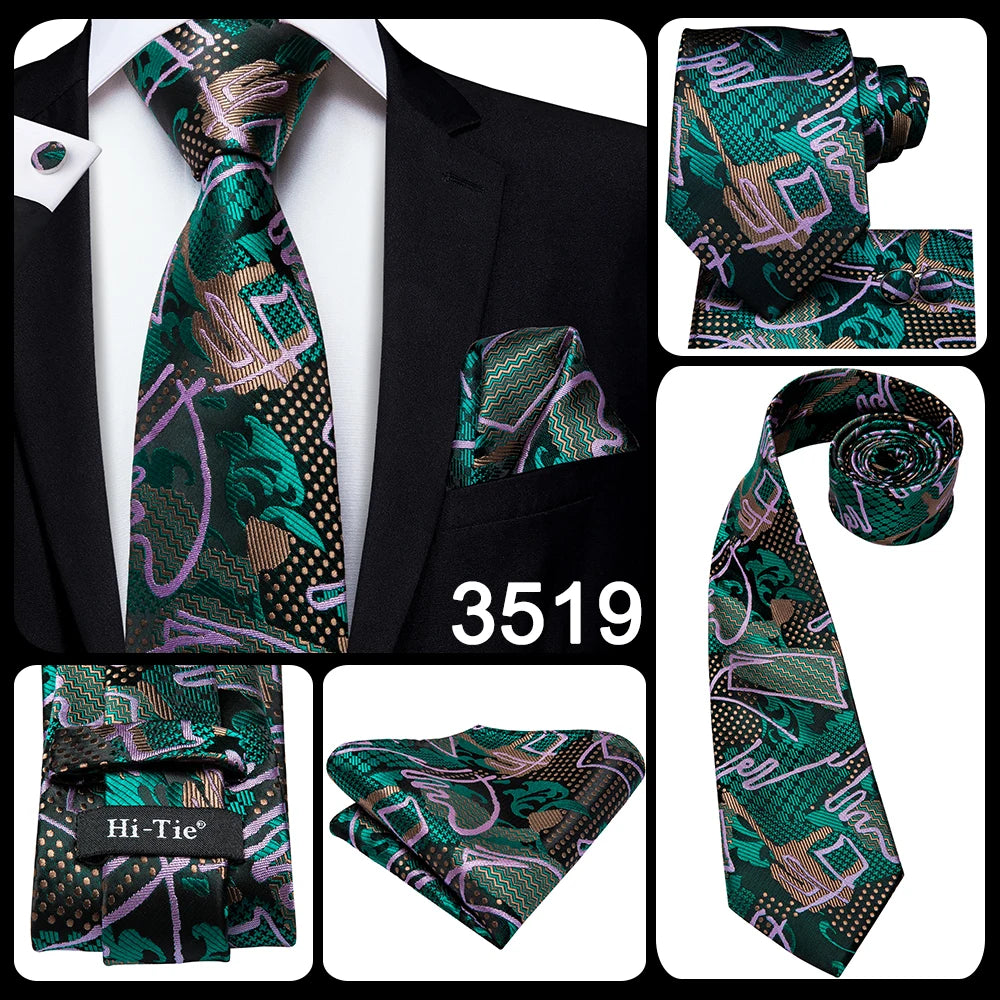 Hi-Tie 100% Silk Luxury Mens Ties Floral Black Gold Ties Paisley NeckTie Pocket Square Cufflinks Set Men's Wedding Party Tie