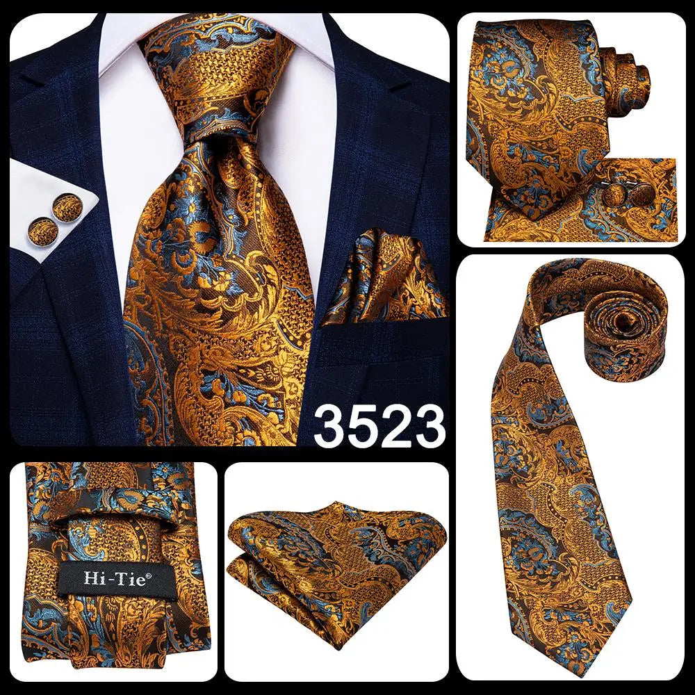 Hi-Tie 100% Silk Luxury Mens Ties Floral Black Gold Ties Paisley NeckTie Pocket Square Cufflinks Set Men's Wedding Party Tie
