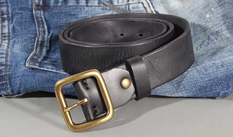 3.8cm Male Leather Copper Buckle Handmade First Pure Cowhide Retro All-match Casual Jeans Soft Belt Brown Black Luxury