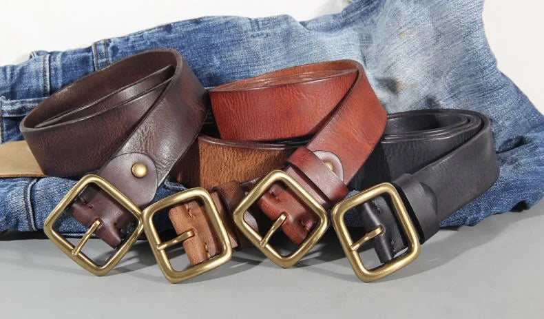 3.8cm Male Leather Copper Buckle Handmade First Pure Cowhide Retro All-match Casual Jeans Soft Belt Brown Black Luxury