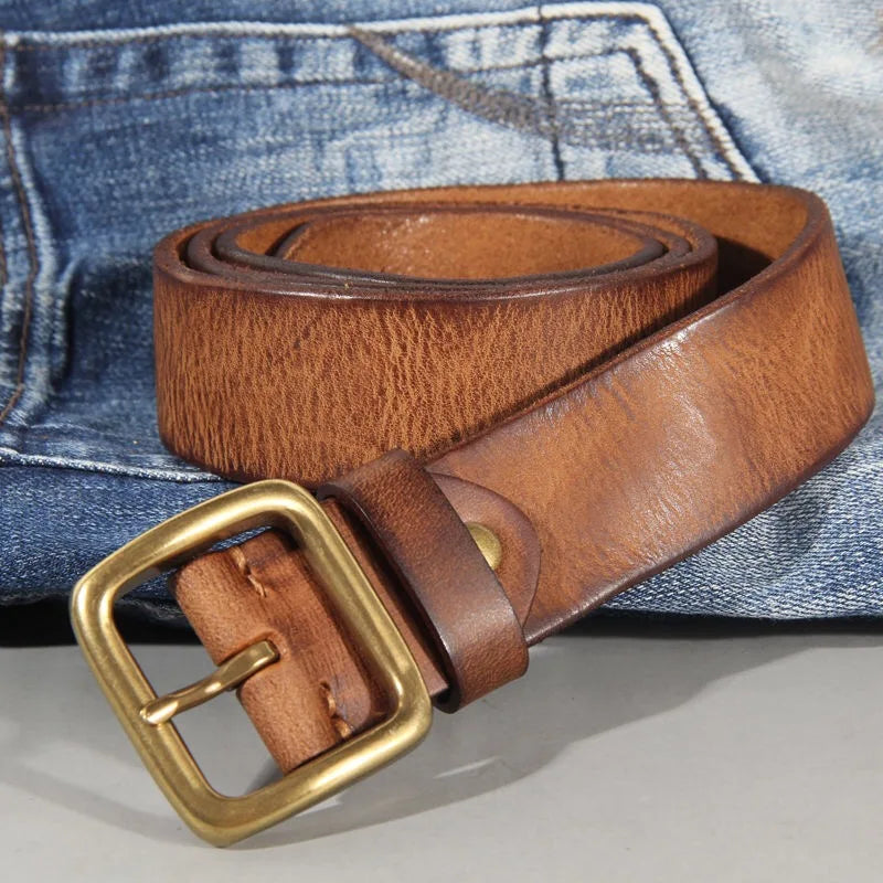 3.8cm Male Leather Copper Buckle Handmade First Pure Cowhide Retro All-match Casual Jeans Soft Belt Brown Black Luxury