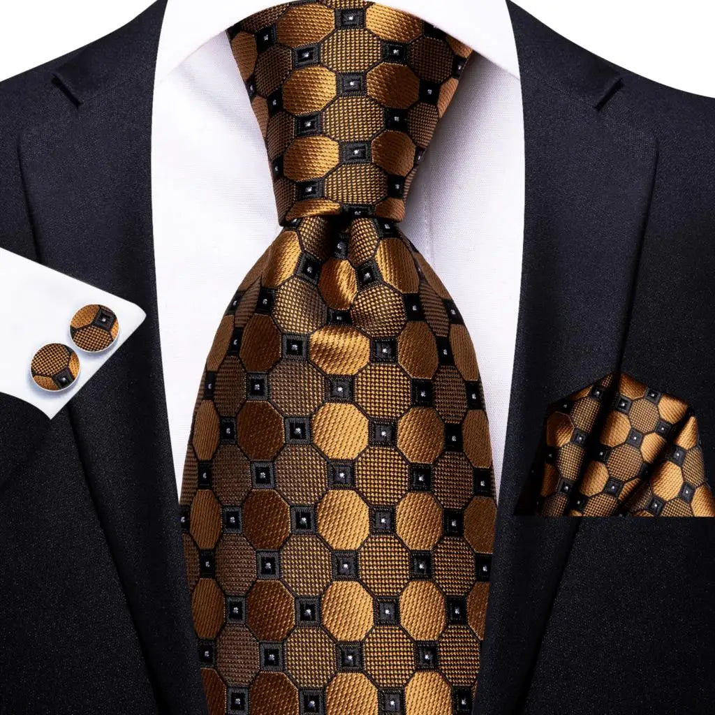 Hi-Tie 100% Silk Luxury Mens Ties Floral Black Gold Ties Paisley NeckTie Pocket Square Cufflinks Set Men's Wedding Party Tie