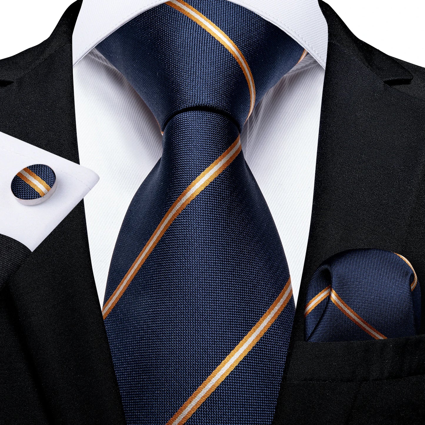 DiBanGu Top Navy Blue Solid Tie for Men 100% Silk Men's Tie Hanky Cufflinks Neck Tie Suit Business Wedding Party Tie Set MJ-7140