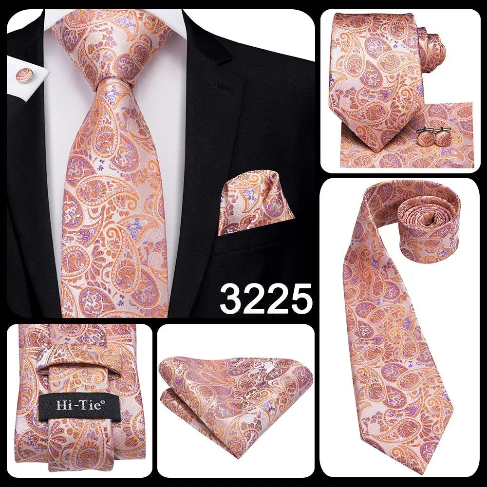 Hi-Tie 100% Silk Luxury Mens Ties Floral Black Gold Ties Paisley NeckTie Pocket Square Cufflinks Set Men's Wedding Party Tie