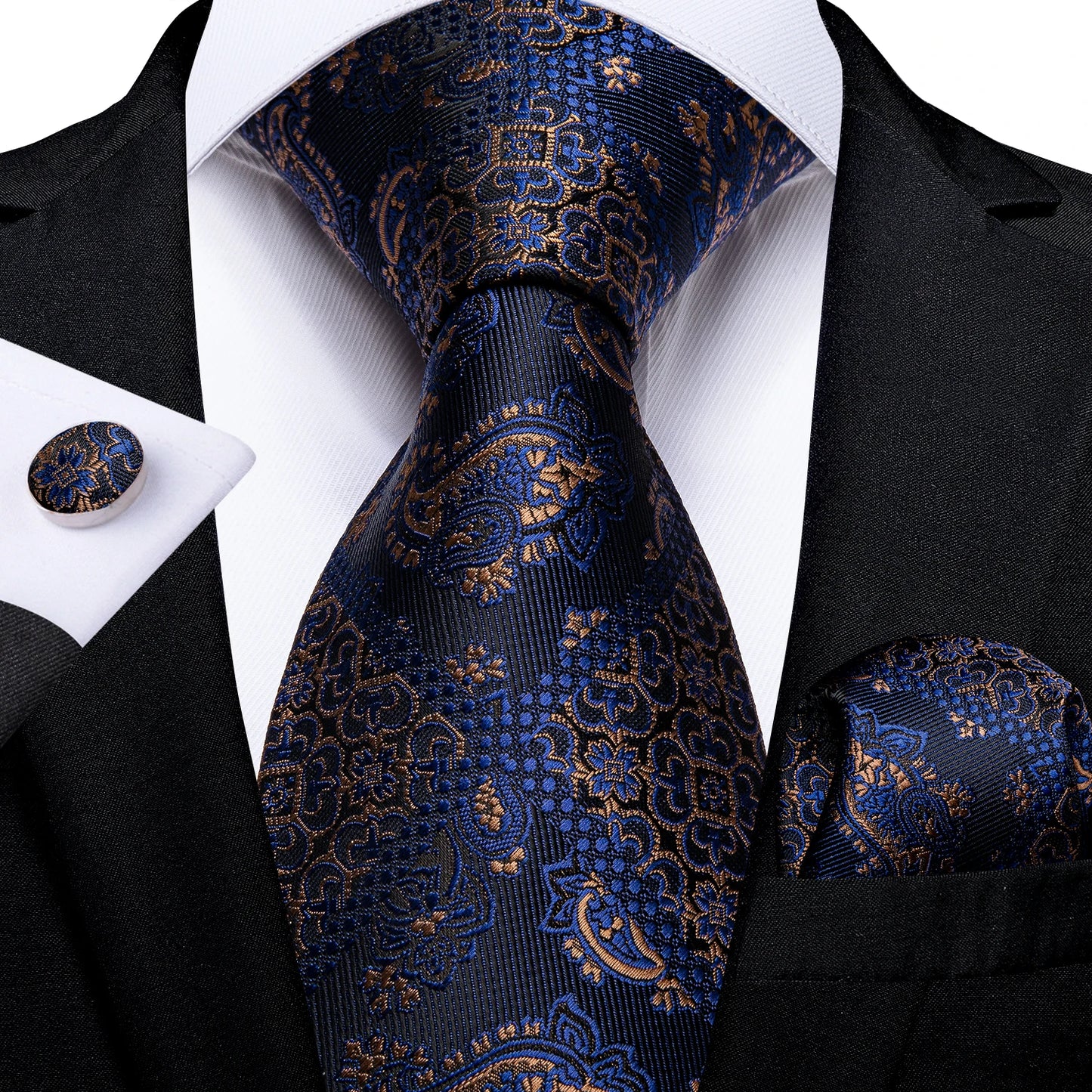 DiBanGu Top Navy Blue Solid Tie for Men 100% Silk Men's Tie Hanky Cufflinks Neck Tie Suit Business Wedding Party Tie Set MJ-7140