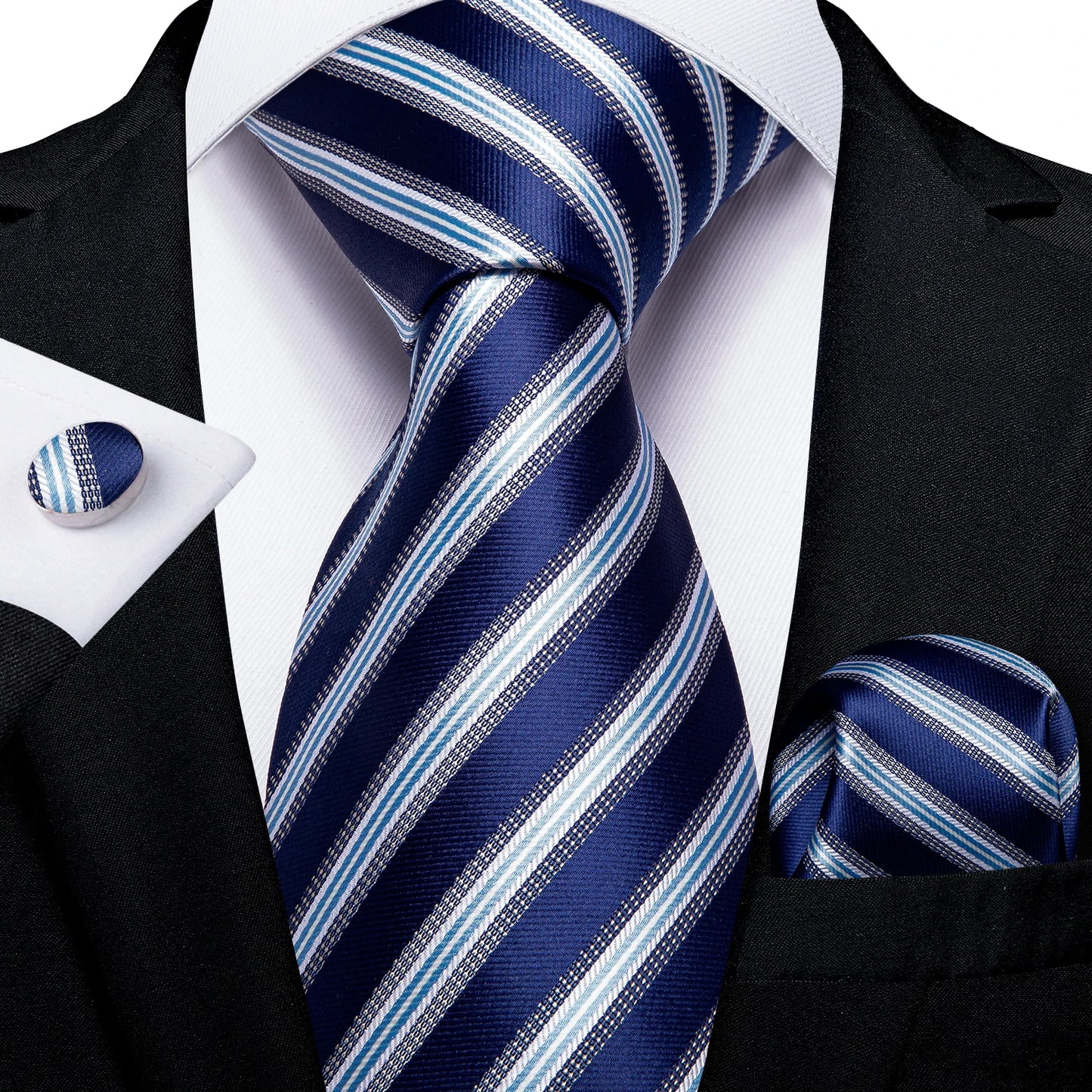DiBanGu Top Navy Blue Solid Tie for Men 100% Silk Men's Tie Hanky Cufflinks Neck Tie Suit Business Wedding Party Tie Set MJ-7140