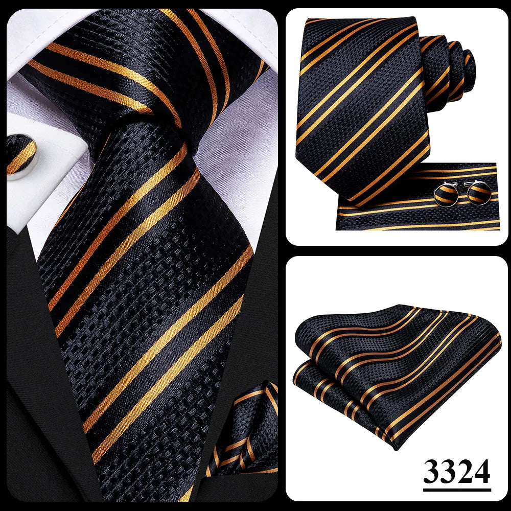 Hi-Tie 100% Silk Luxury Mens Ties Floral Black Gold Ties Paisley NeckTie Pocket Square Cufflinks Set Men's Wedding Party Tie