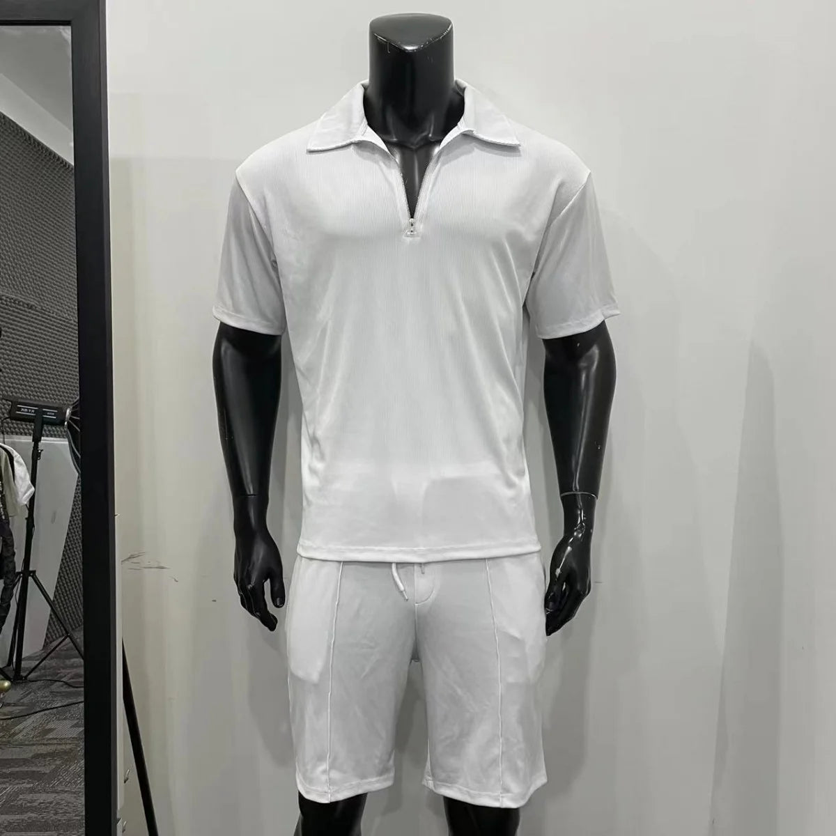 2025 summer men's new zipper polo casual short-sleeved drawstring shorts men's suit men's solid color casual sports fashion suit