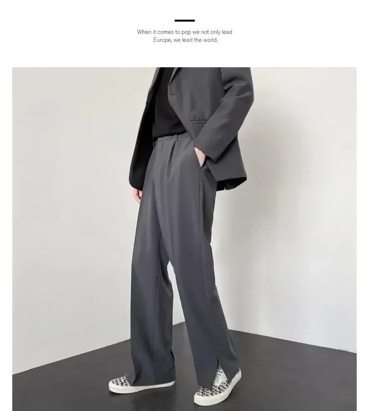Men's Straight Baggy Casual Pants Korean Slit Personality Suit Trousers Fashion Formal Business Male Streetwear Gray Khaki Black
