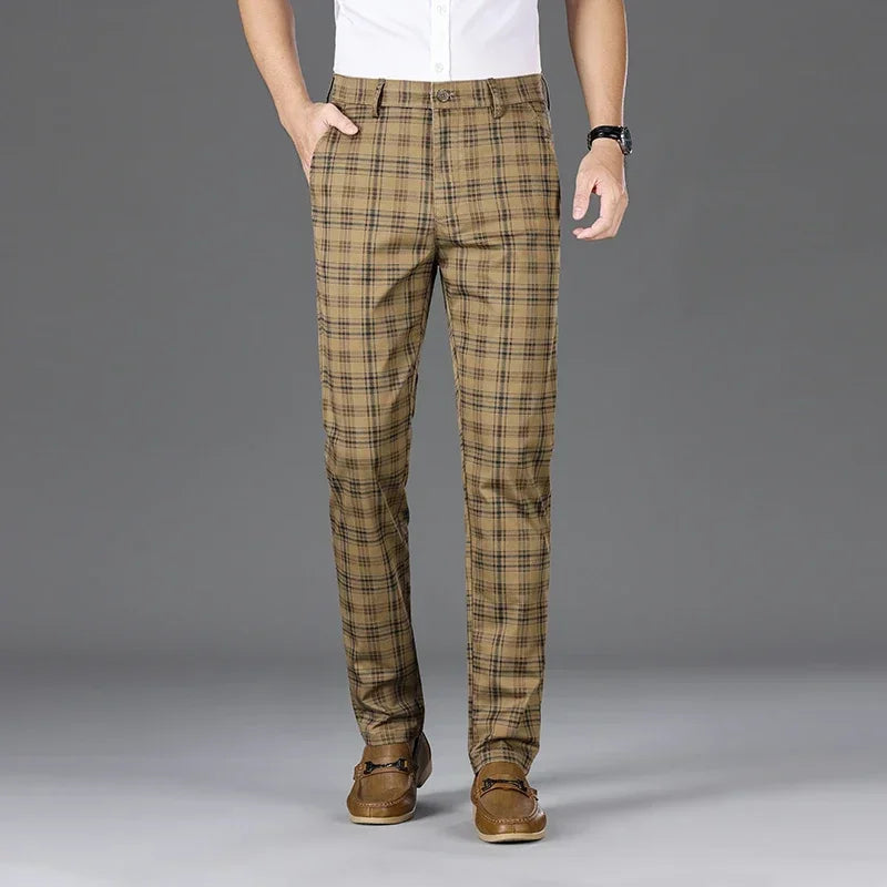 2024 Summer Classic Simple Straight Casual Pants for Men Personalized Checkered Versatile Stretch Business Casual Slim Trousers